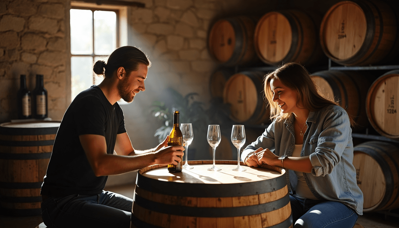 Small-batch winemaker pours for guests in cellar