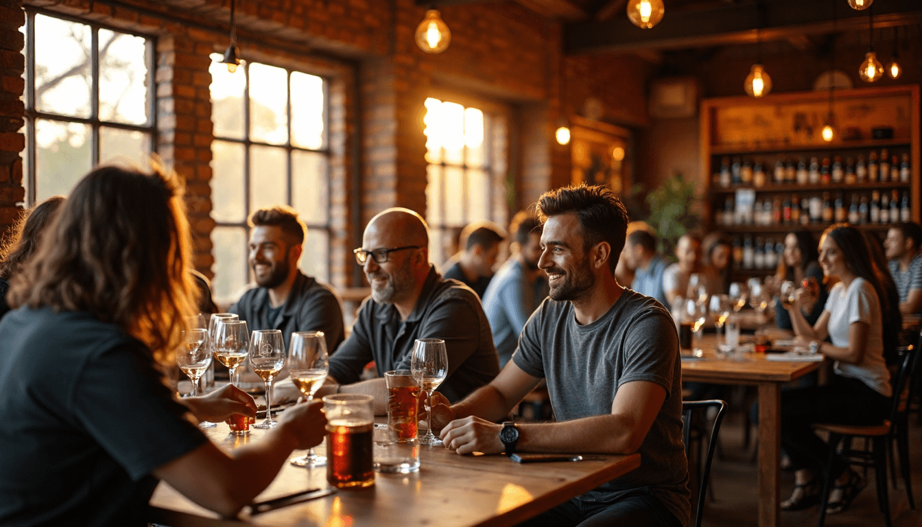 Lively wine bar with guests enjoying tastings