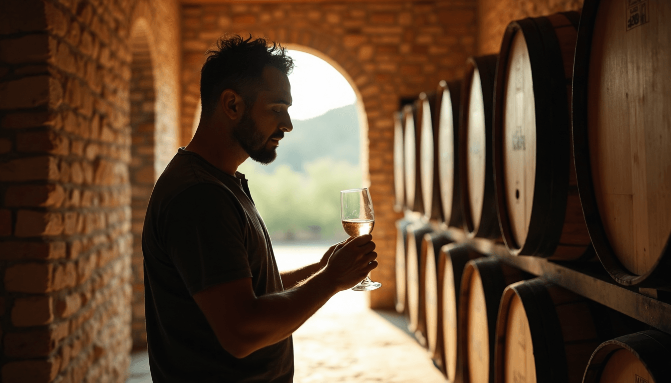 Winemaker inspects wine in rustic cellar