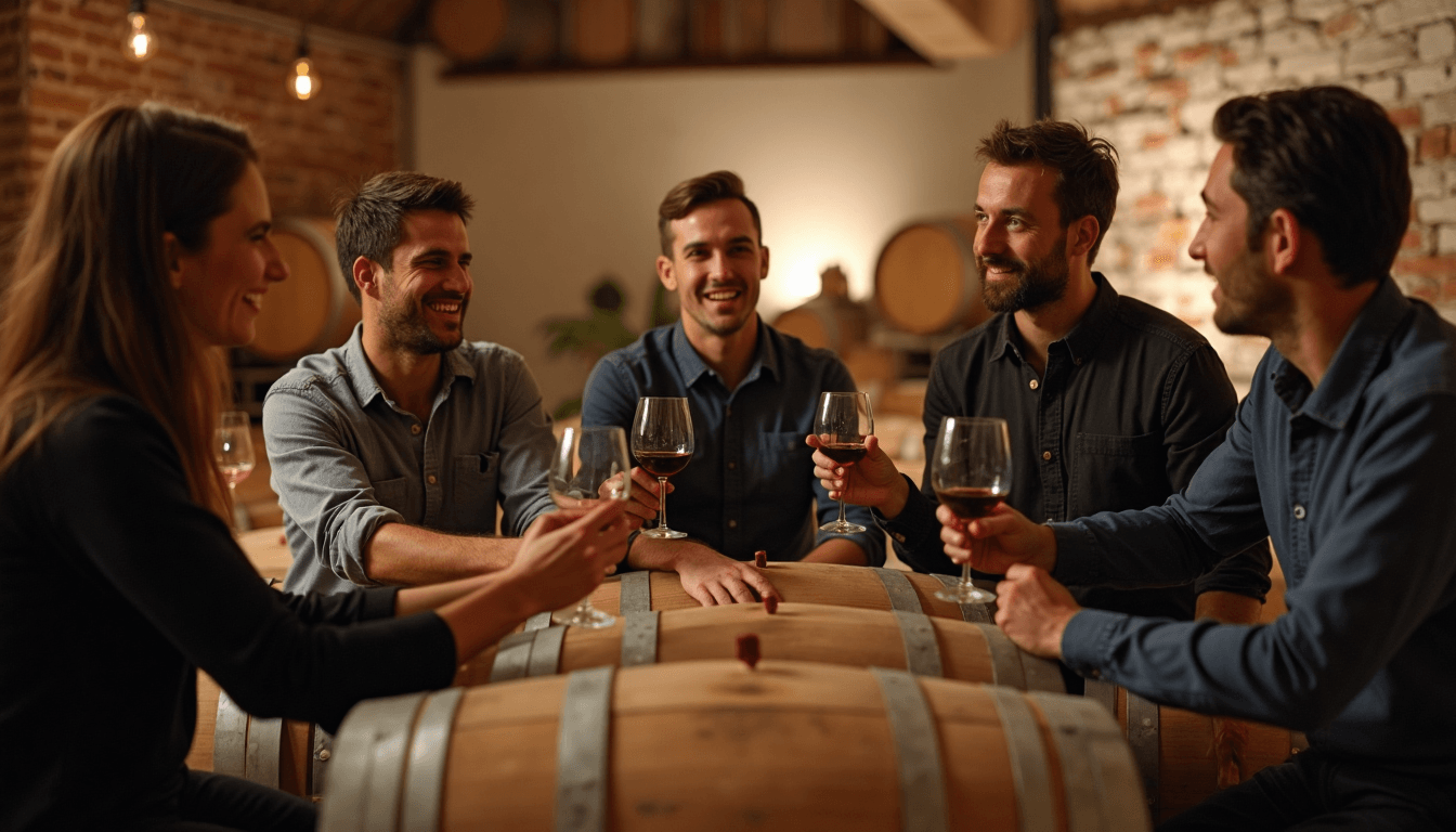 Young winemakers tasting small-batch reds in South African cellar