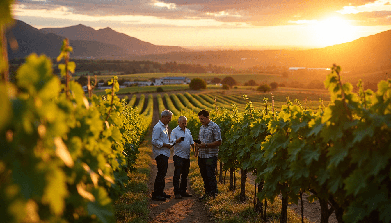 Diverse winemakers inspect and pick grapes at golden South African vineyard