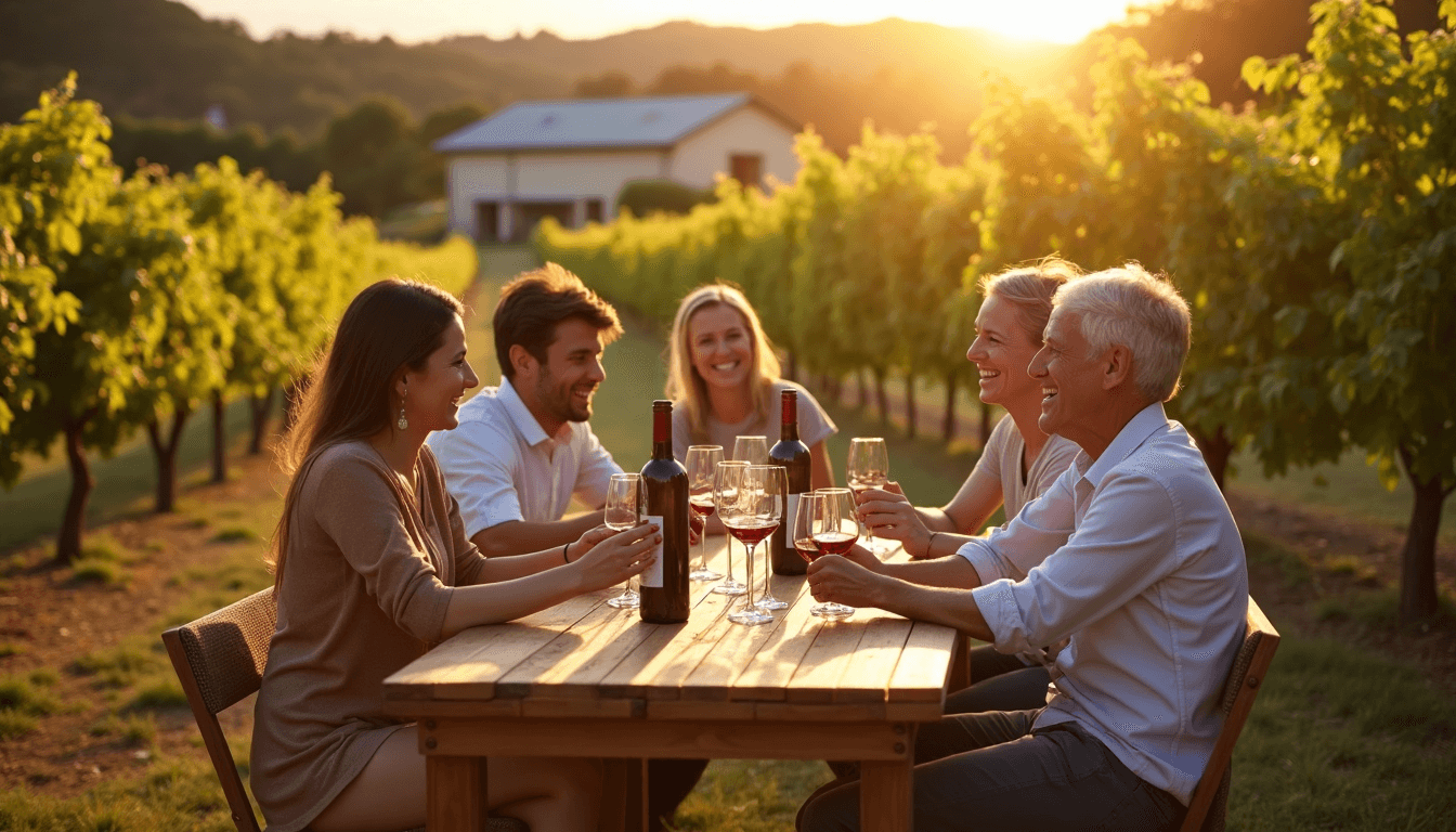 Friends enjoying affordable wine at a scenic South African vineyard