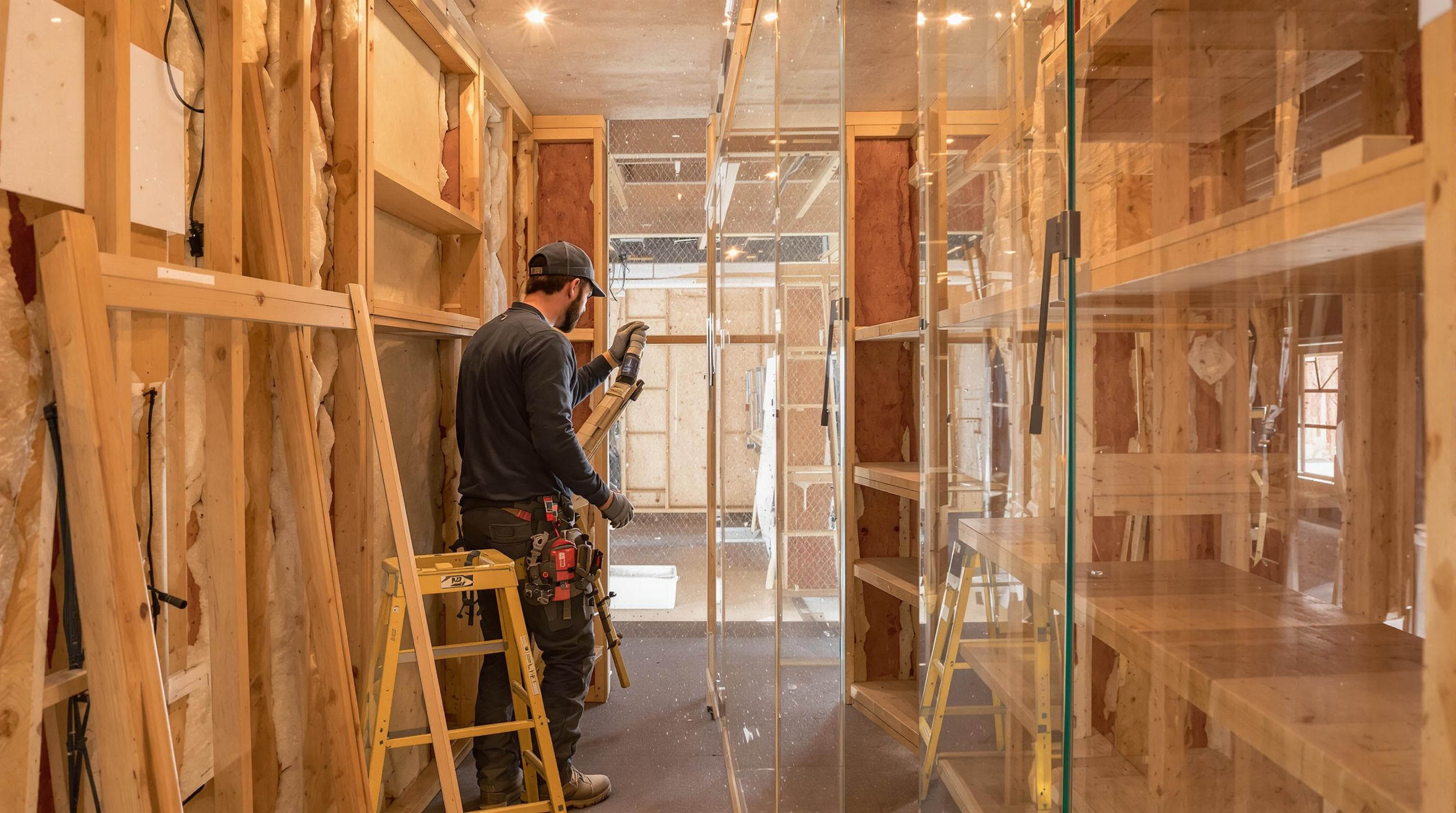Home wine cellar installation with insulation, redwood, and glass materials