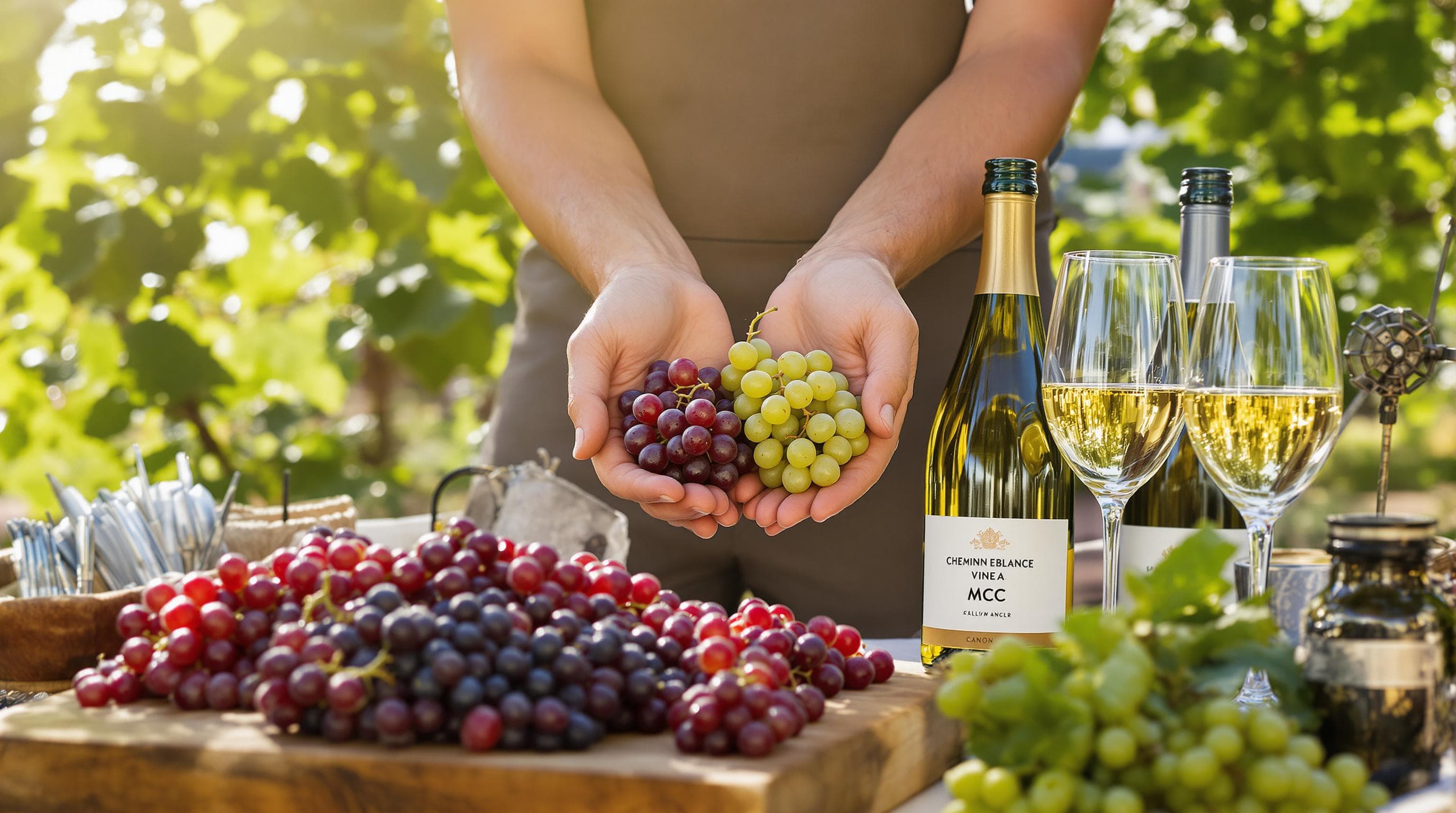 Winemaker holding Chenin Blanc and Pinot Noir grapes beside South African MCC wines