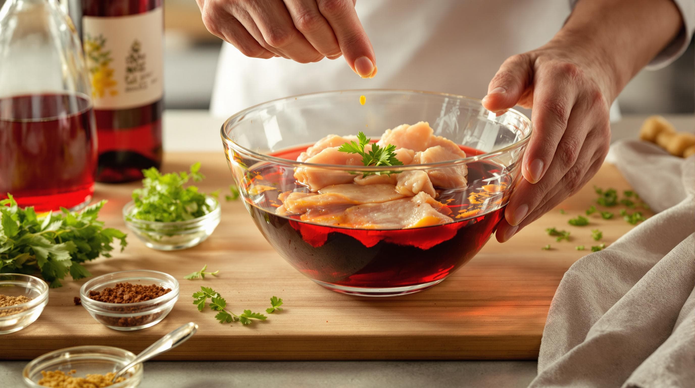 Chef marinating chicken in red wine with herbs and spices