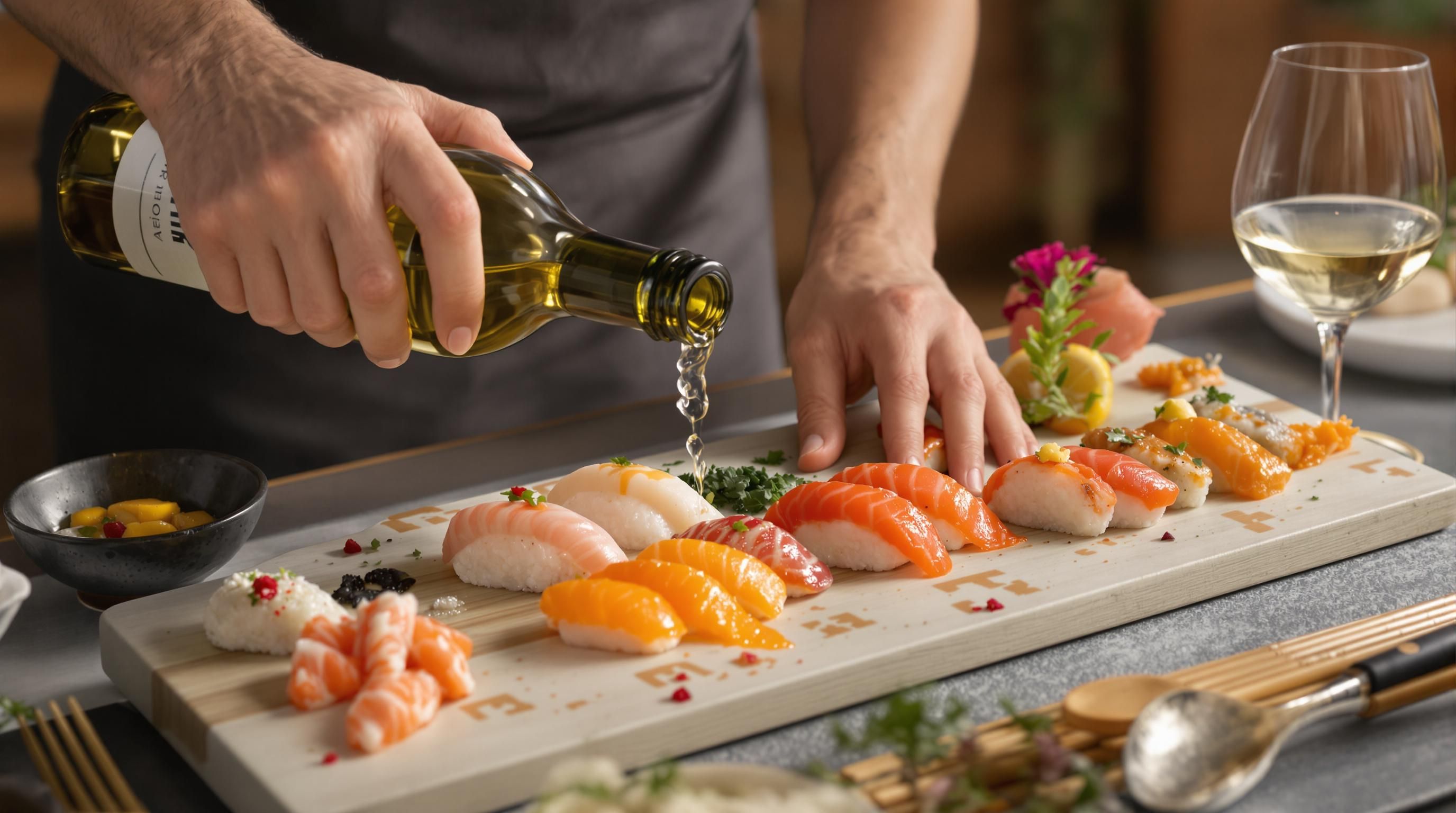Chef plating sushi and pouring white wine for pairing