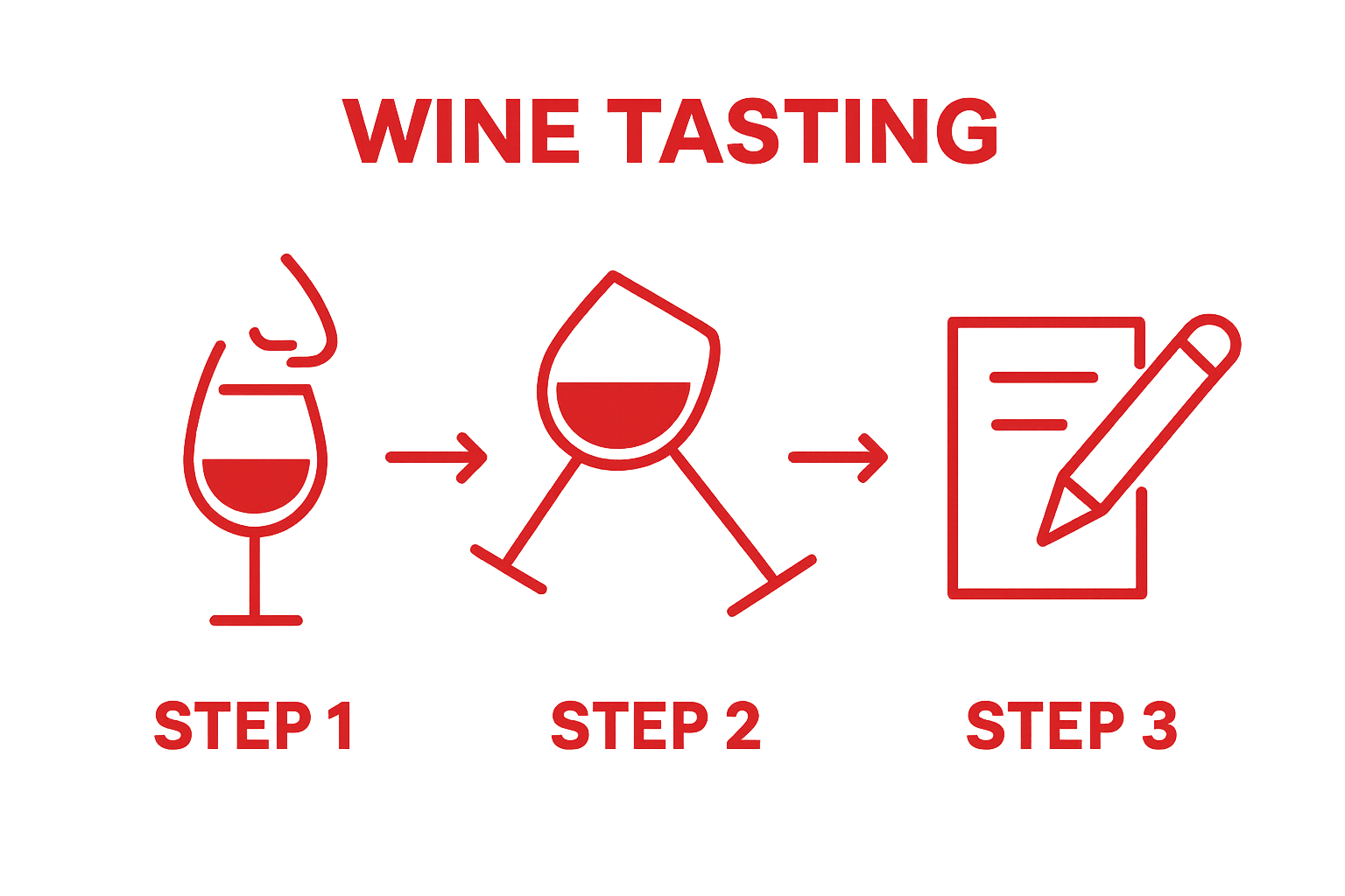 Infographic showing basic three-step wine tasting process for beginners