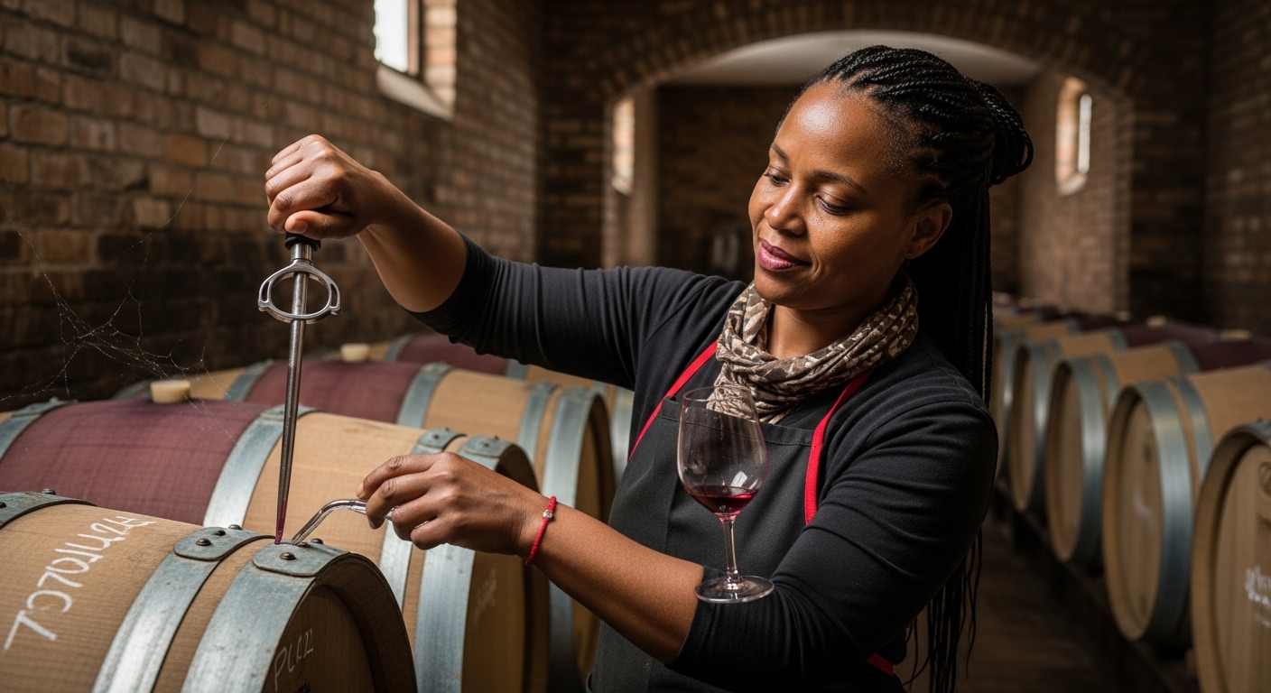 Woman winemaker in barrel cellar