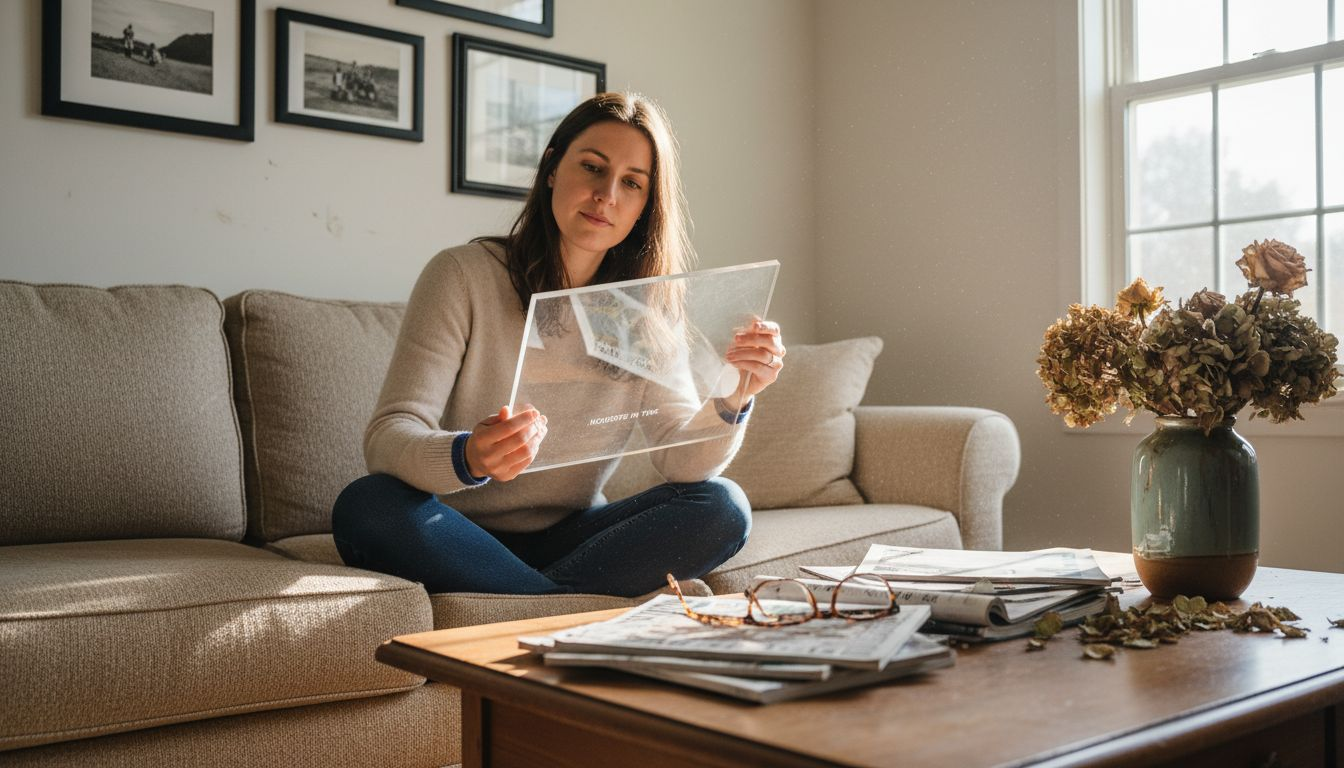 Woman examining acrylic plaque at home