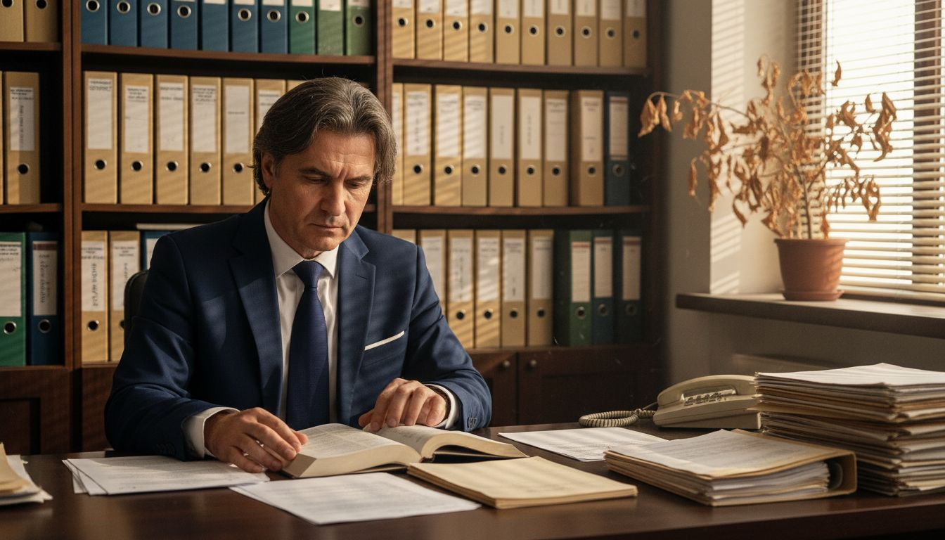 Un avocat analizează documente juridice la birou.