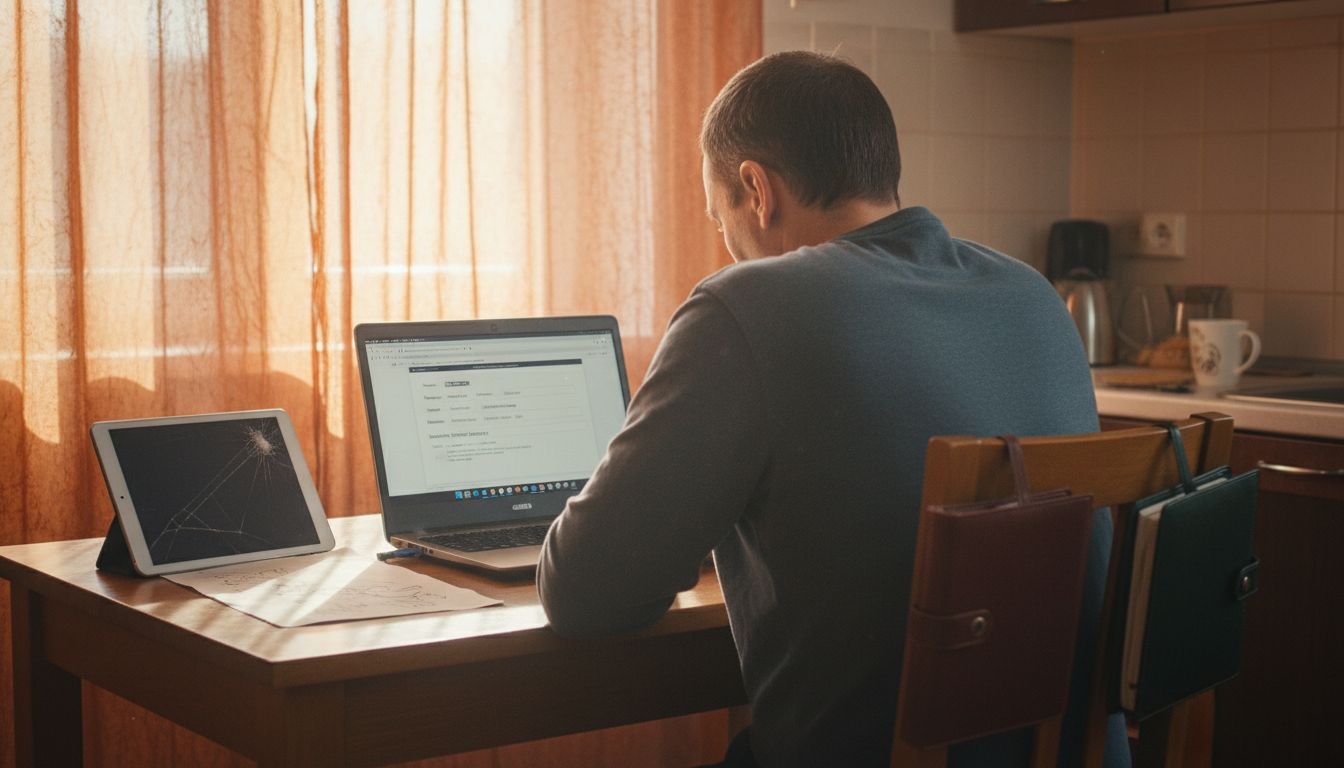 Tată care completează un act juridic online, din confortul propriei case