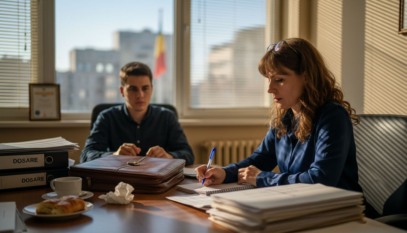 Avocat discutând cu un client într-un birou luminos