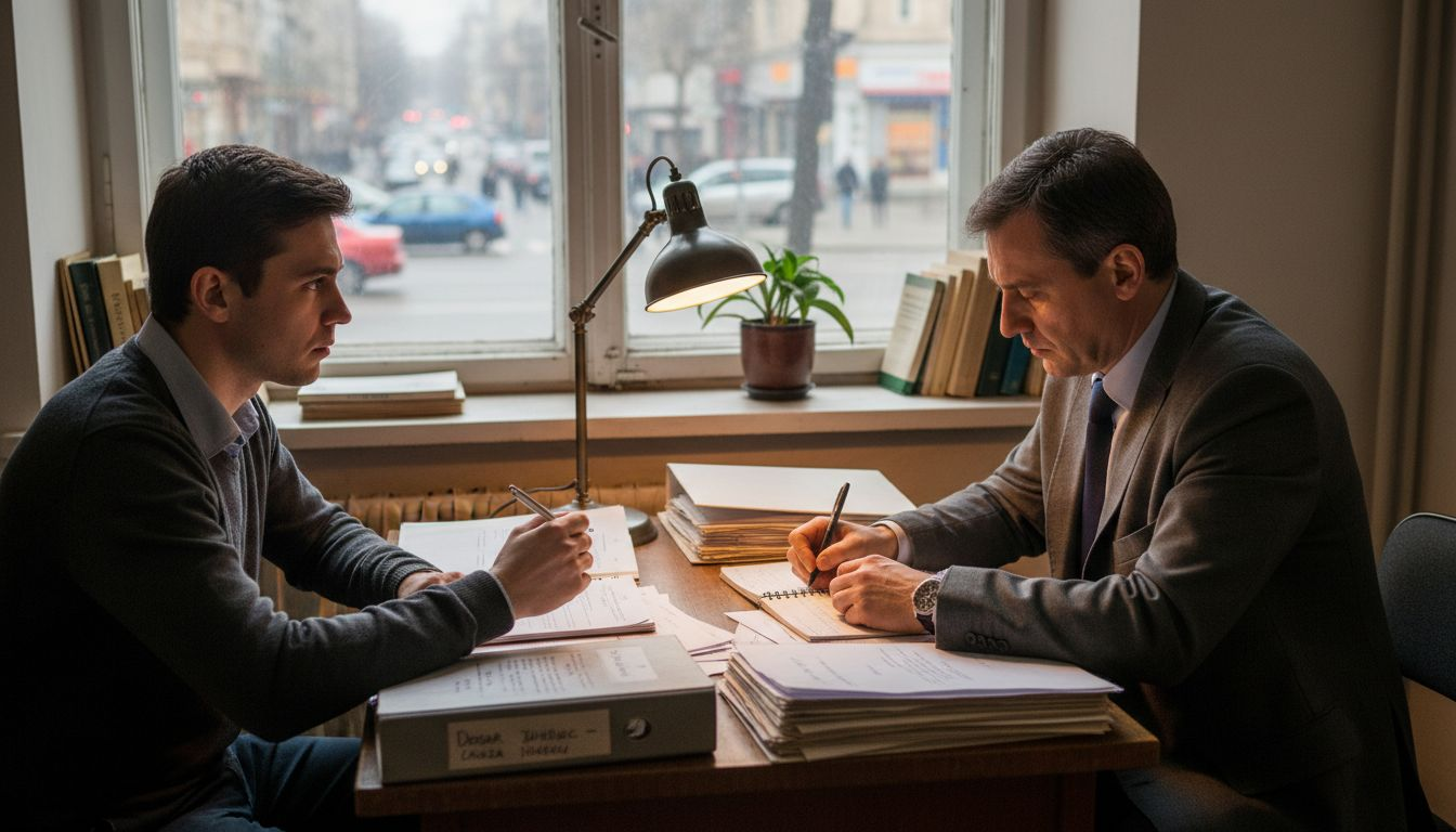 Avocatul își consultă clientul pentru a stabili cea mai bună abordare în proces.