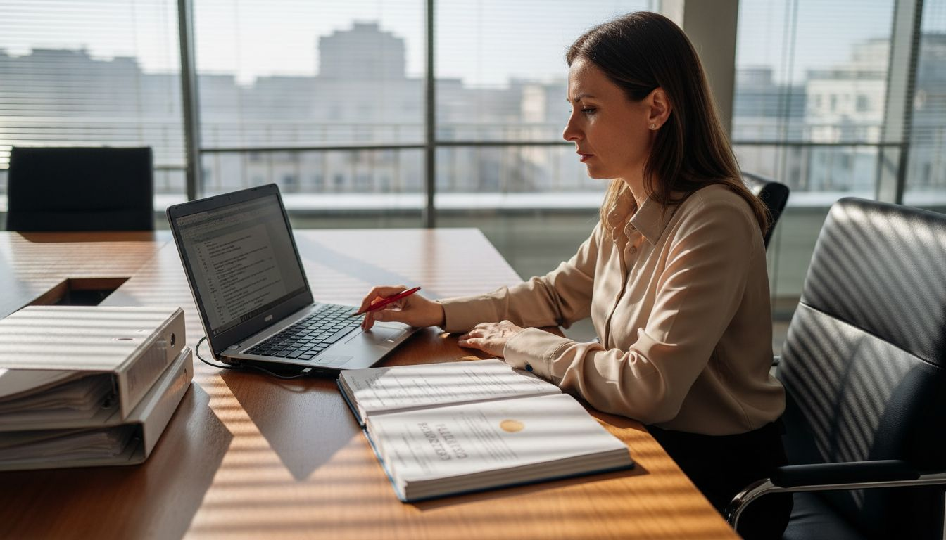 Avocată concentrată asupra unor dosare, analizând documentele pe laptop.
