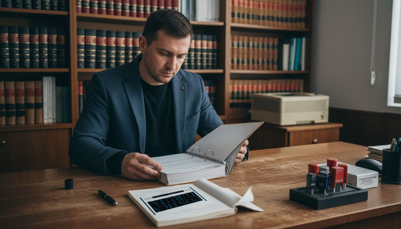 Avocatul studiază actele din dosarul de custodie al minorului pentru a pregăti apărarea clienților săi.