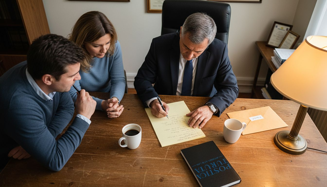 Avocatul discută cu un cuplu care trece printr-un proces de divorț, oferindu-le sfaturi și sprijin pentru a gestiona situația cât mai bine.