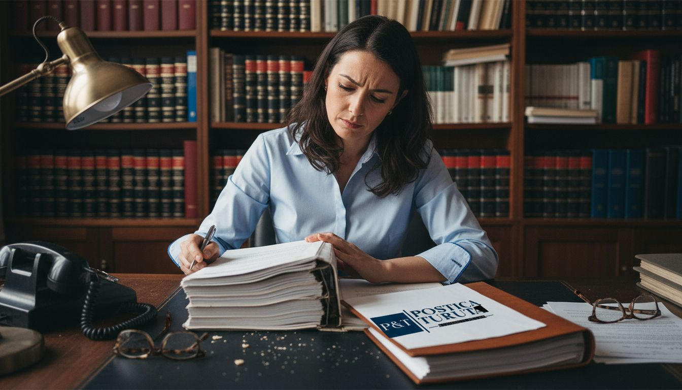 O avocată analizează actele de percheziție pentru a se asigura că totul este în regulă.