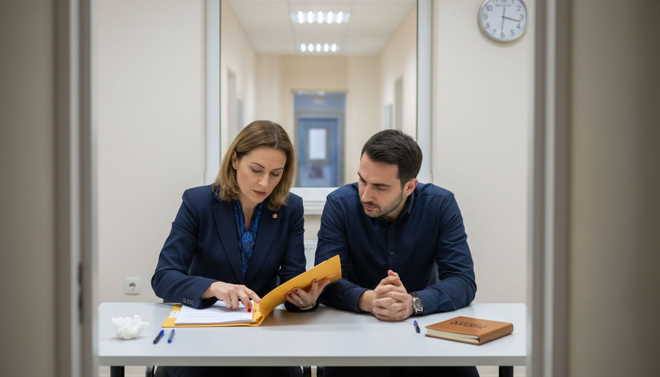 Avocatul oferă consultanță unui client aflat într-o sală de audieri.