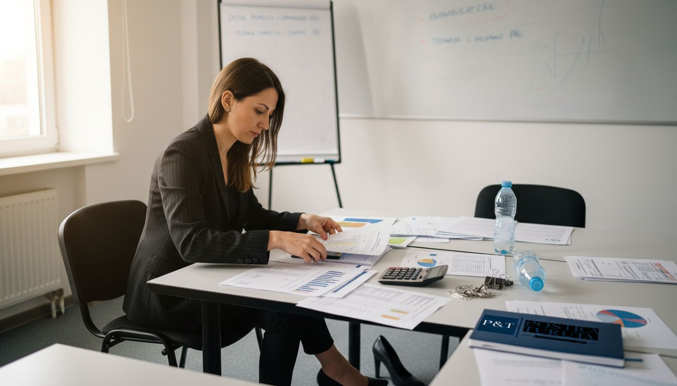 Avocat analizând documente referitoare la bunuri, într-o sală de ședințe