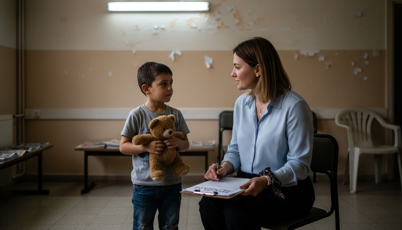 Asistentă socială stând de vorbă cu un copil