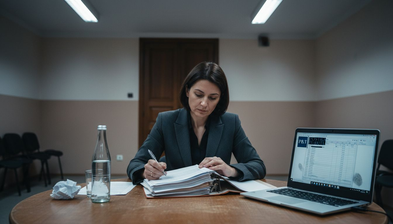 Avocat analizând atent actele la masa din sala de audieri