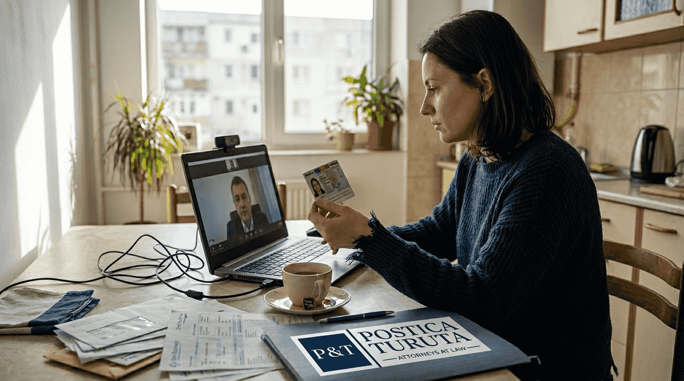 Femeie care își arată buletinul în timpul unei ședințe online cu notarul