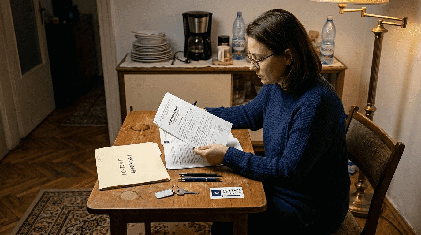 O femeie analizează acasă actul de proprietate, verificând atent detaliile documentului.