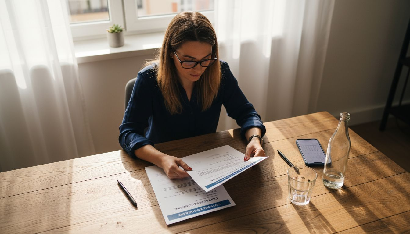 O femeie răsfoiește cu atenție un contract, așezată la masa din living.