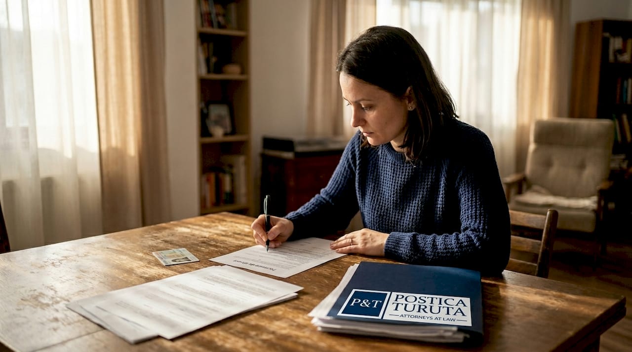 O persoană completează cererea de divorț.