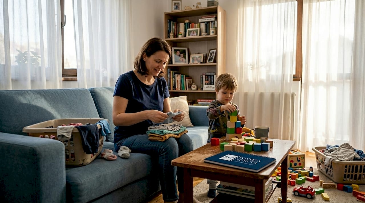 O mamă își strânge rufele împreună cu copilul acasă, transformând treburile casnice într-un moment plăcut petrecut în familie.