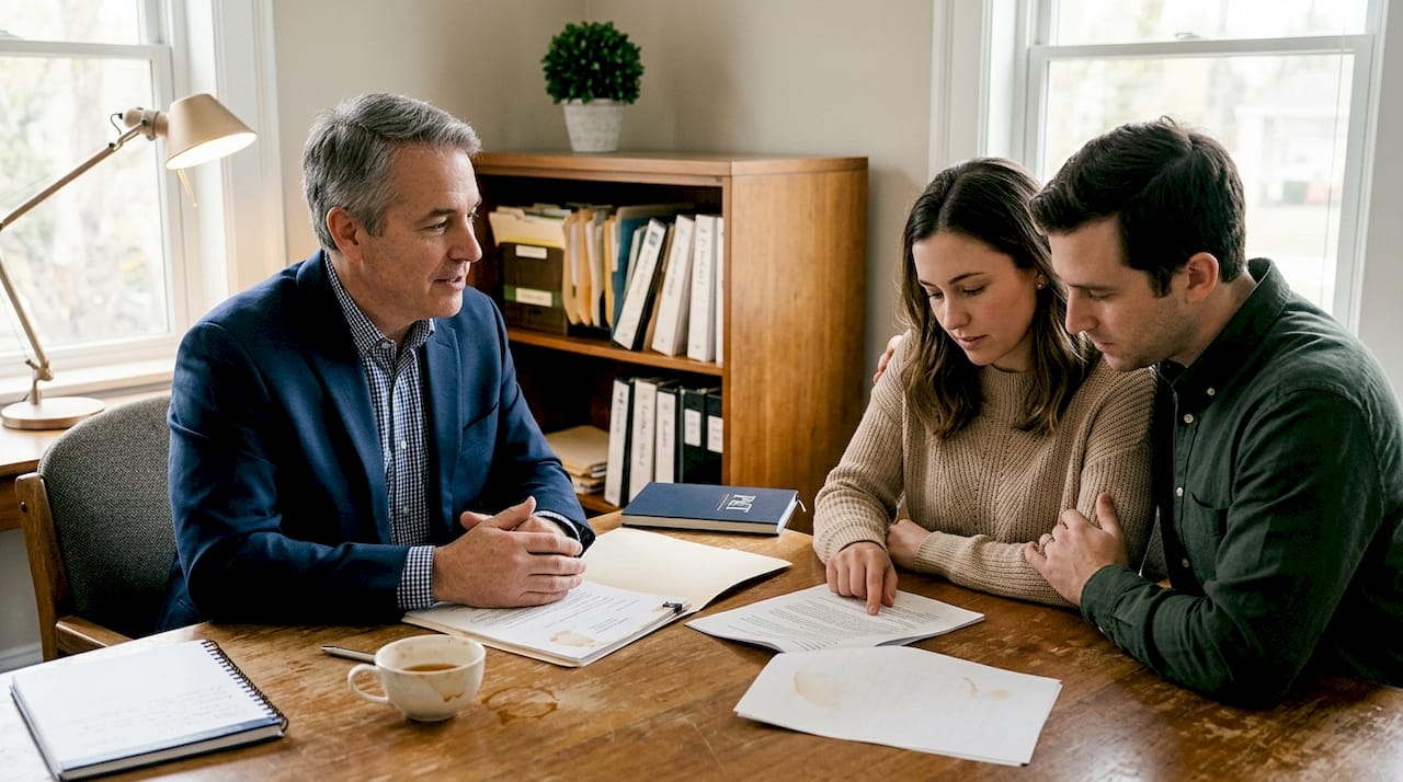 Părinții poartă o discuție cu avocatul despre actele necesare pentru custodia copilului.