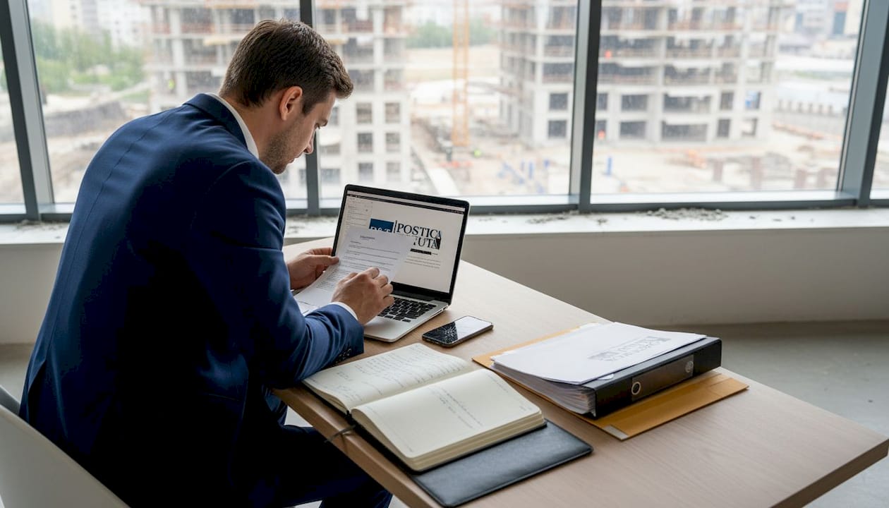 Un dezvoltator analizează cu atenție contractul imobiliar la biroul său.