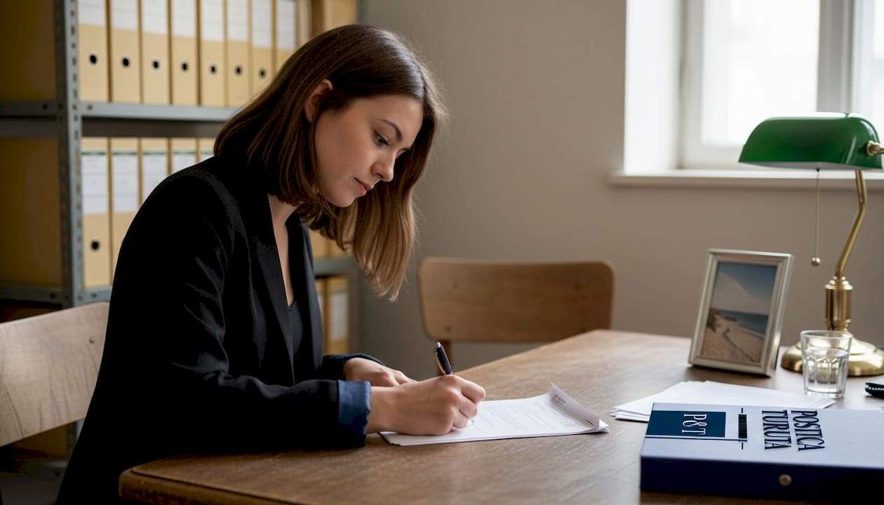 Un client semnează un document în cadrul biroului unui avocat.