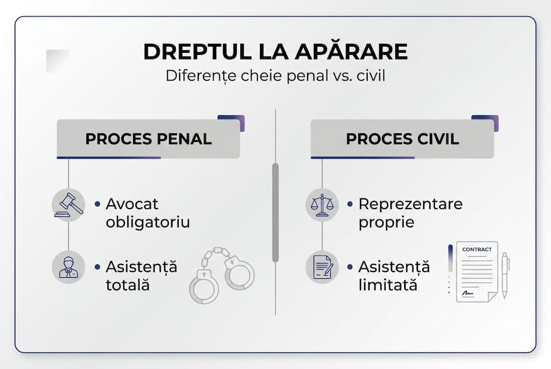 Infografic: principalele diferențe între apărarea în procesul penal și cea din procesul civil