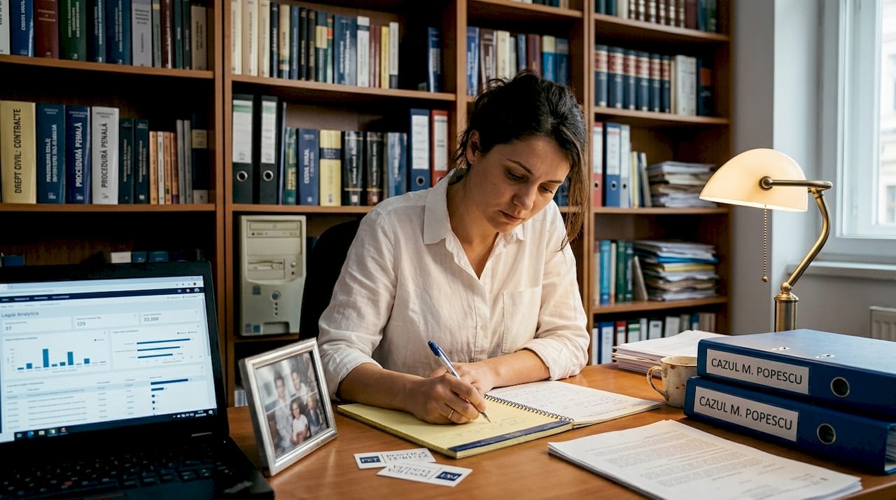 Avocata își face notițe lângă dosarele de custodie