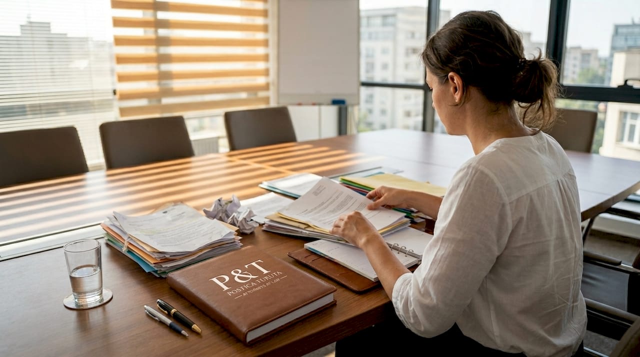 O avocată își pune ordine în dosare înainte de începerea ședinței de judecată.