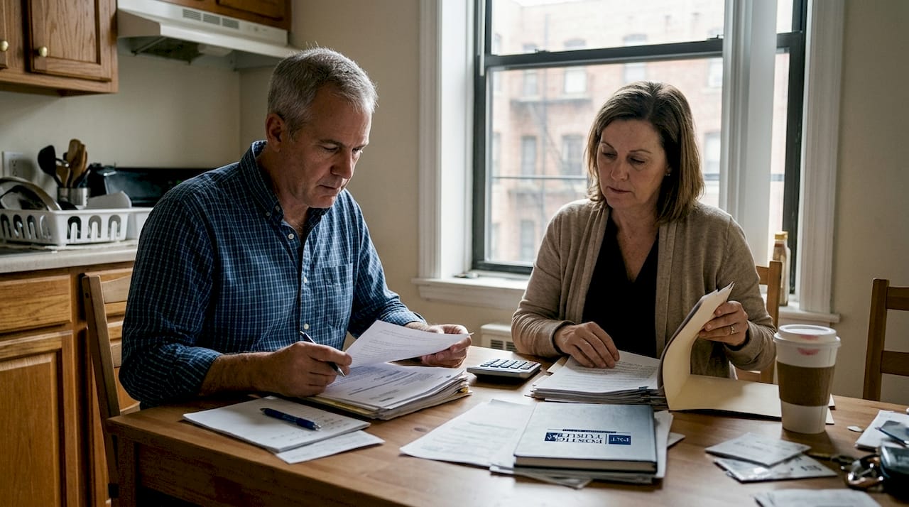 Un cuplu care își pune la punct actele pentru împărțirea bunurilor