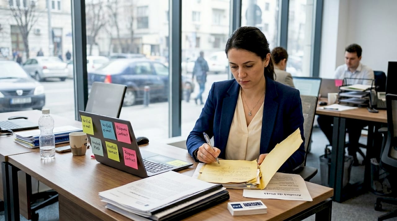 O femeie de afaceri răsfoiește atent un dosar, la biroul ei plin de documente.