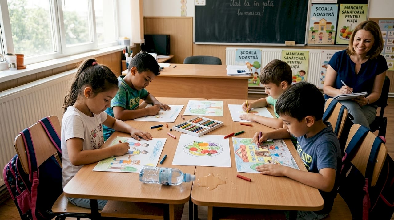 Elevii desenează în timpul unei ore despre sănătate, în sala de clasă.