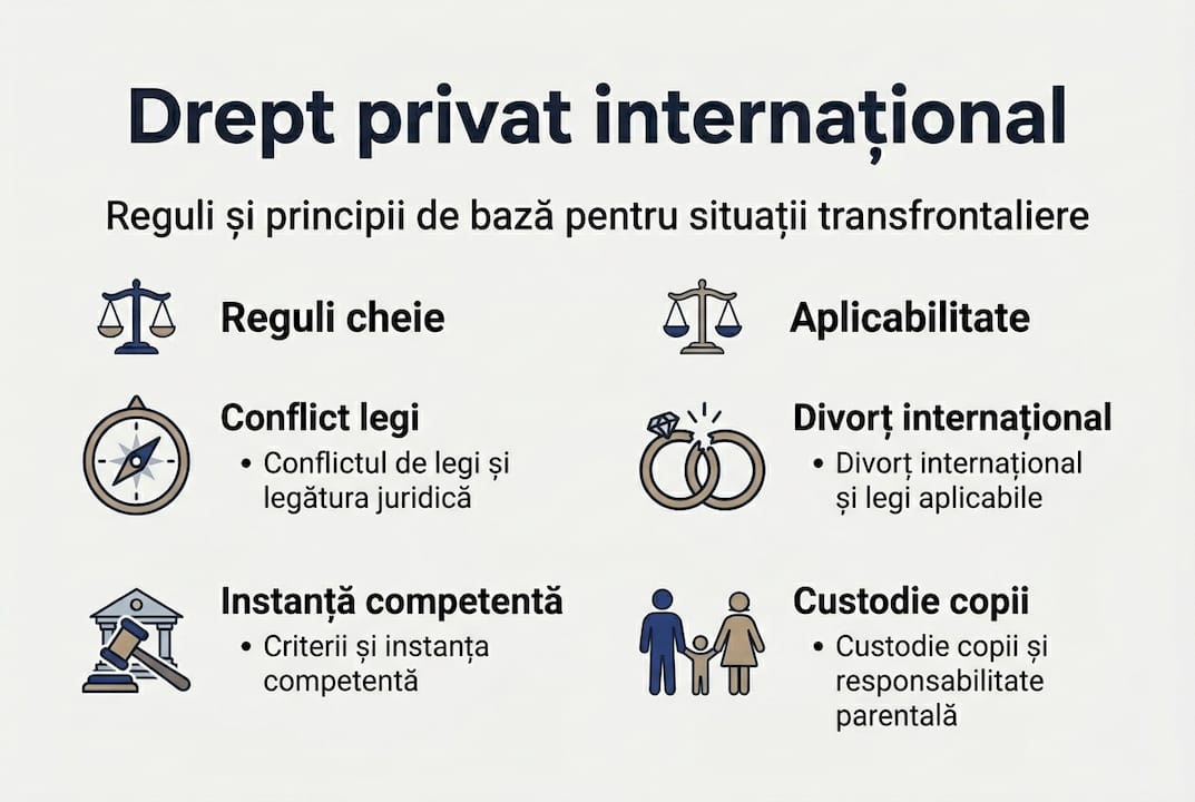 Infografic despre dreptul internațional privat: reguli esențiale și domenii de aplicare