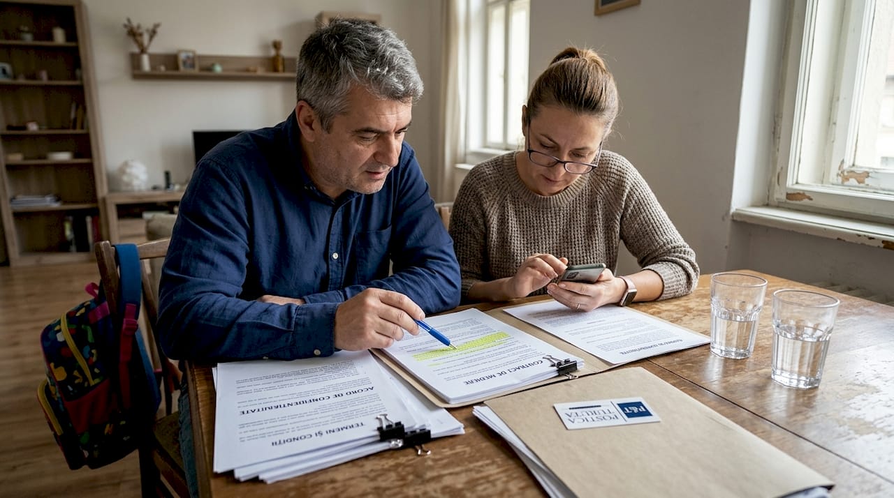 Un cuplu analizează documentele legale legate de familie, ce implică situații internaționale.