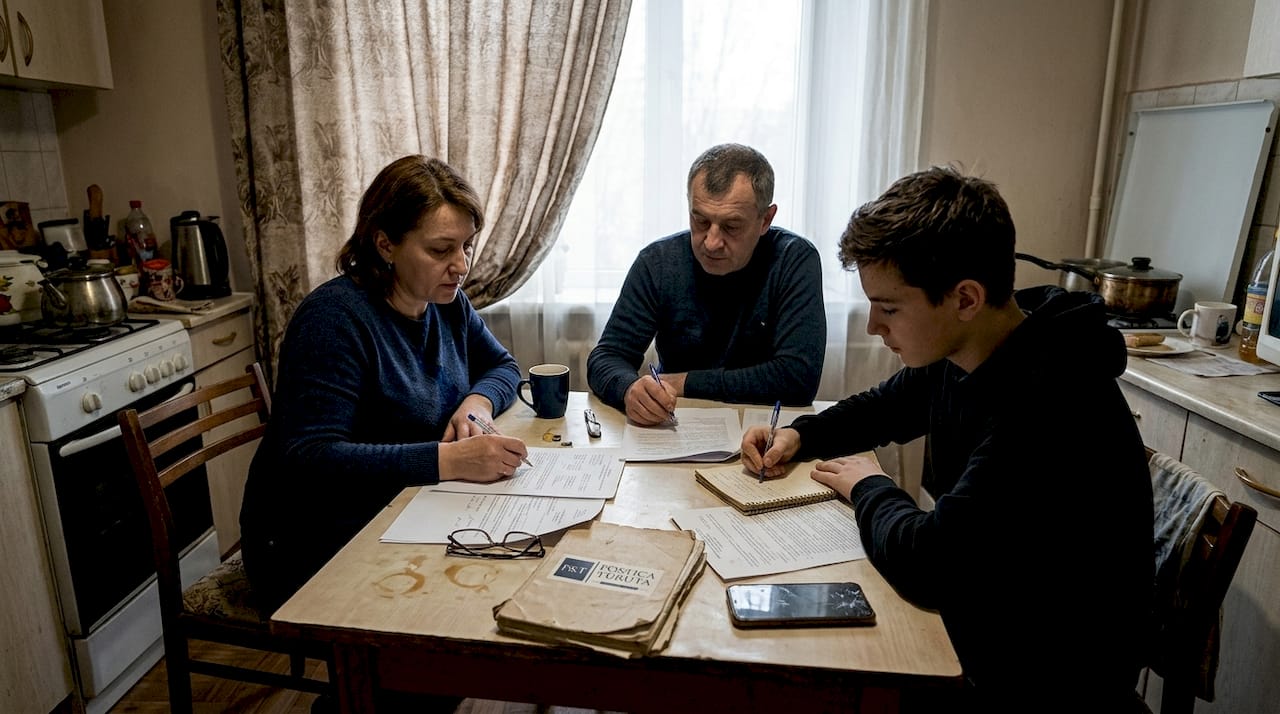 O familie stă la masă și analizează împreună niște documente importante.