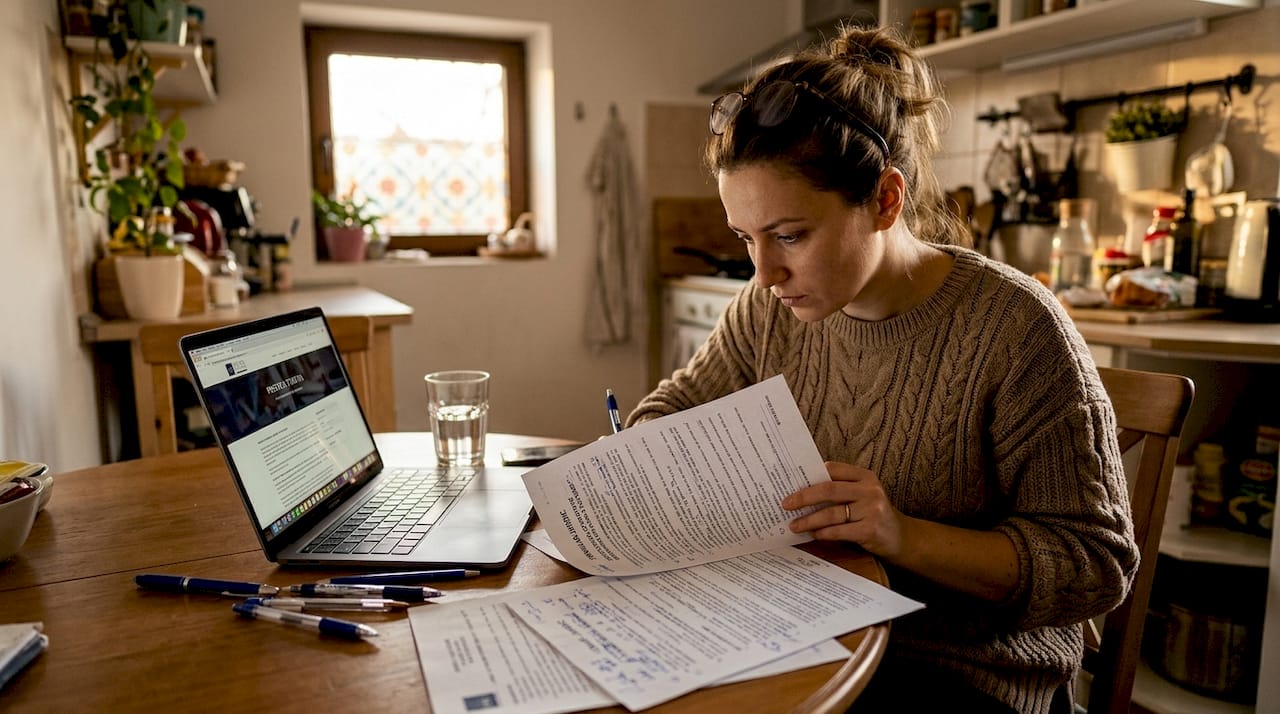 O femeie revizuiește și corectează greșelile din plângerea penală pe care a depus-o.