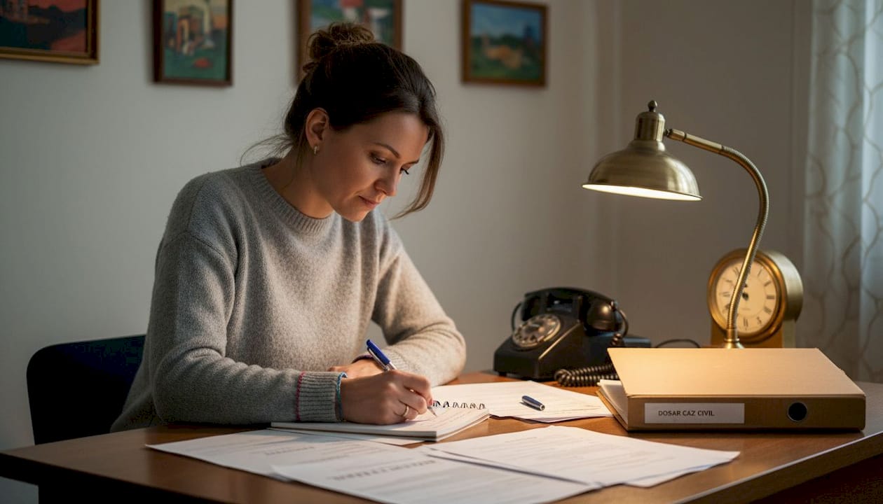 O avocată redactează articole despre consultanța juridică.