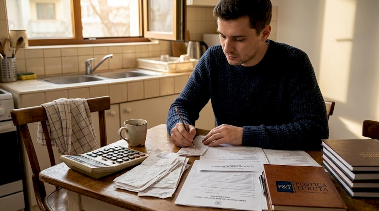 Bărbat preocupat, analizând la masă costurile succesiunii la notar