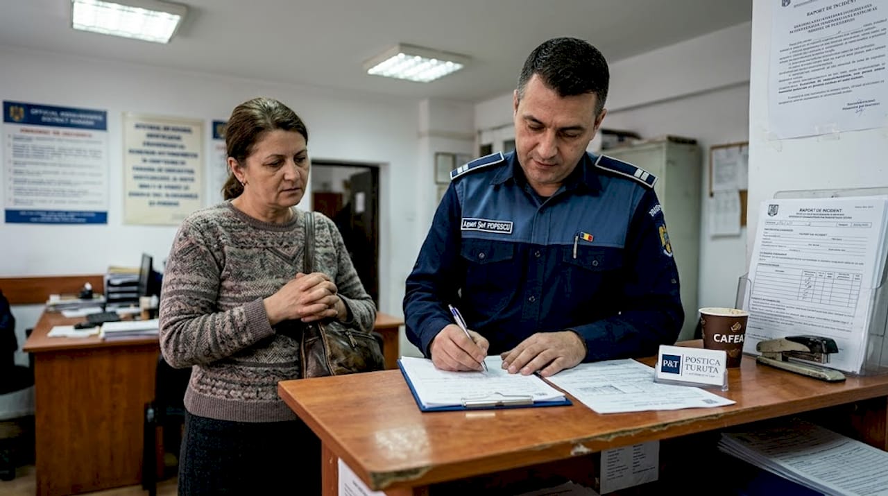 Un polițist completează o plângere în prezența unei femei.