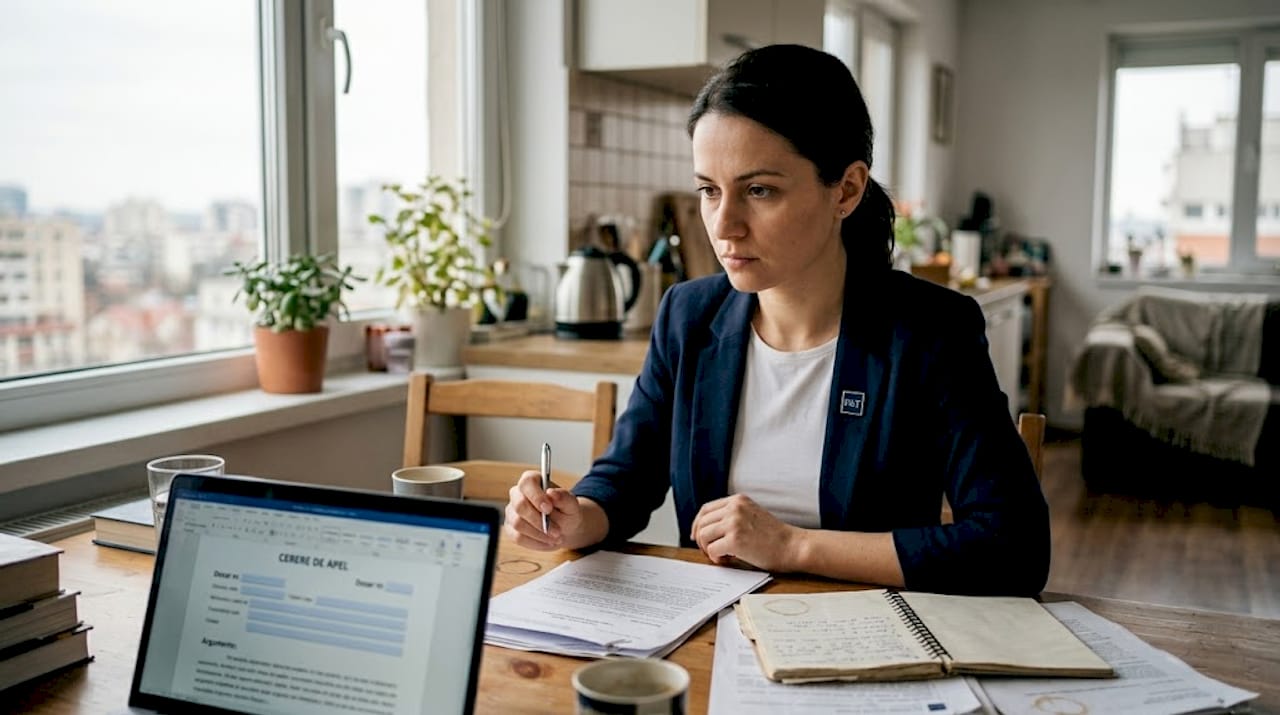 O femeie stă la masă și își redactează cererea de apel.