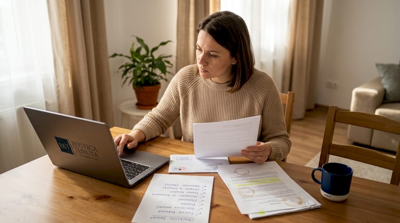 Femeie care analizează atent actele necesare pentru o tranzacție imobiliară