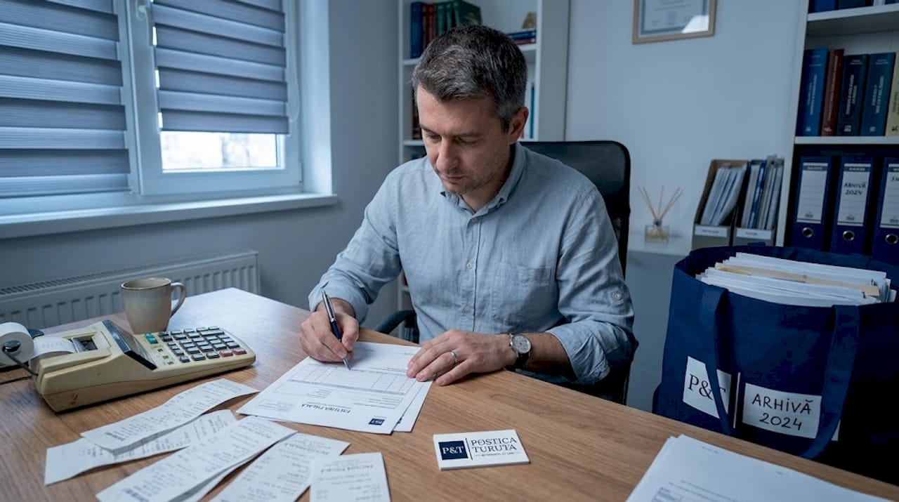 Un bărbat își pune ordine în documentele fiscale chiar în confortul propriei locuințe.