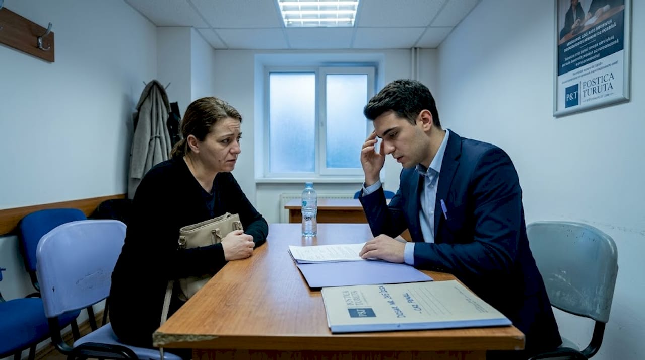 Avocatul din oficiu îi oferă sfaturi clientului său, care este vizibil îngrijorat.